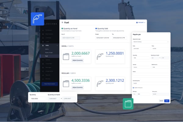 Dockwa fuel management screen showing tank inventory and quantity sold