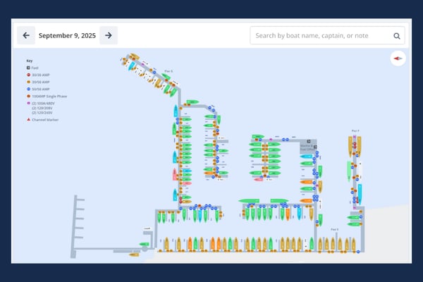 Dockwa interactive marina map showing slip occupancy