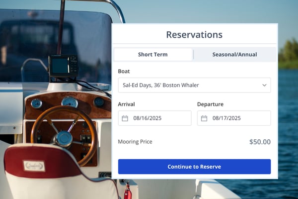 Dockwa reservation request screen showing boat, arrival and departure dates, and mooring price